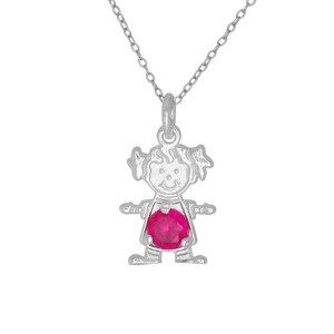 Sterling Silver .925 Happy Baby Girl with Birthstone July / Ruby, Cubic Zirconia Stone. Charm Pendant Necklace | Made in USA