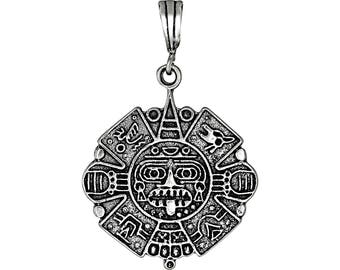 Sterling Silber aztekischen Kalender Maya-Sun-Charm Halskette 1,9 Zoll, 9 Gramm mit Antikfinish oxidiert und 24-Zoll-Kette