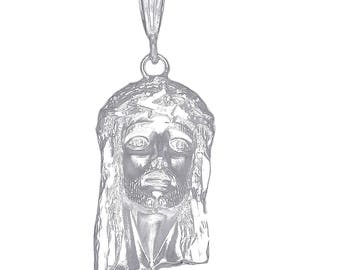 Sterling Silver Jesus Pendant Necklace 1.5 Inches 2.3 Grams with Diamond Cut Finish and 24 Inch Chain