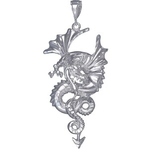 Large Sterling Silver Dragon Charm Pendant Necklace 3.2 Inches 14 Grams with Diamond Cut Finish and 24 Inch Figaro Chain