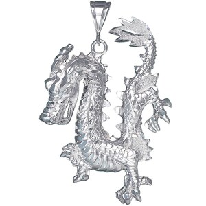 Huge Heavy Sterling Silver Dragon Charm Pendant Necklace 3.1 Inches 28.7 Grams with Diamond Cut Finish and 24 Inch Figaro Chain