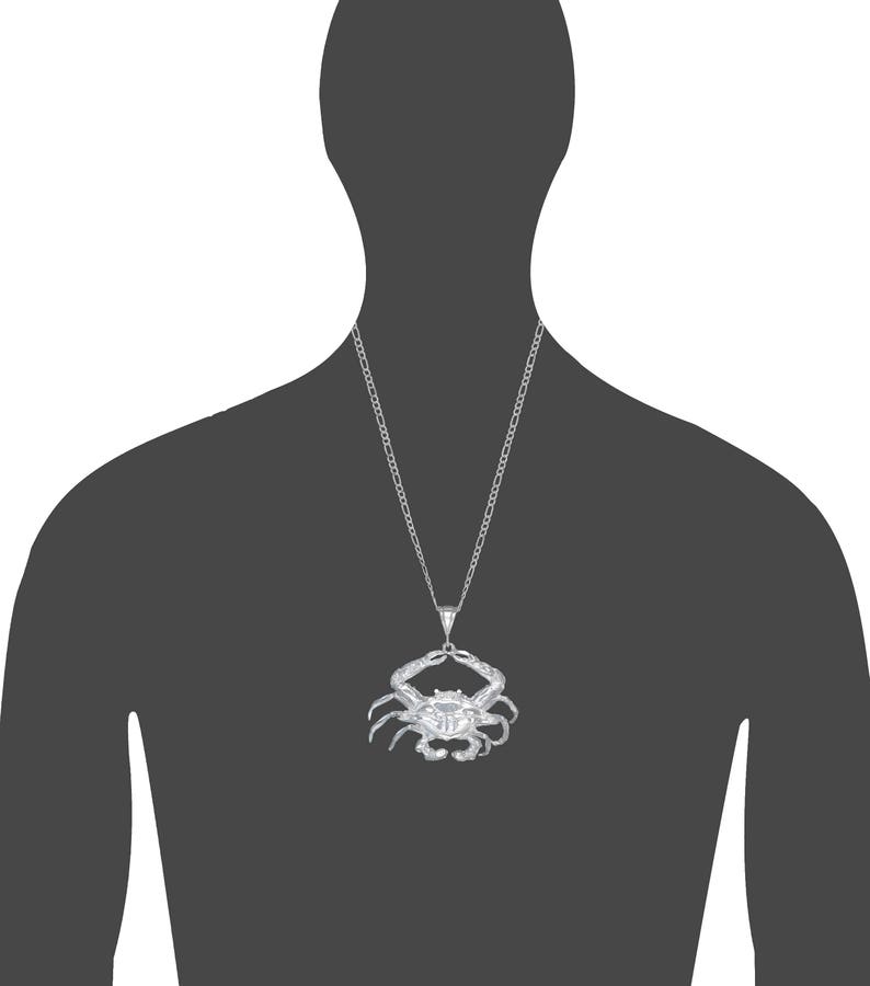 Huge Heavy Sterling Silver Crab Charm Pendant Necklace 2.6 Inches 26 Grams with Diamond Cut Finish and 24 Inch Figaro Chain