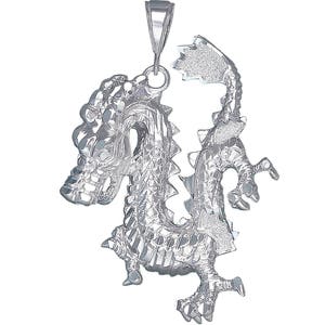 Large Heavy Sterling Silver Dragon Charm Pendant Necklace 2.5 Inches 18 Grams with Diamond Cut Finish and 24 Inch Figaro Chain