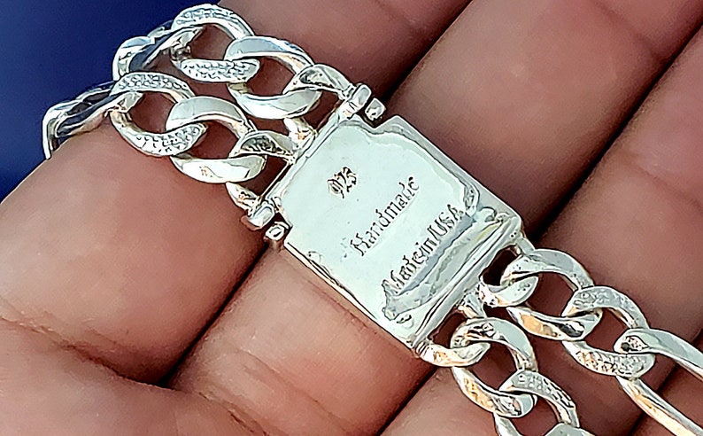 16 mm Heavy Solid Sterling Silver DOUBLE 2 Row Nugget Style Link ID Bracelet Handmade in USA 8 Inches 38 Grams