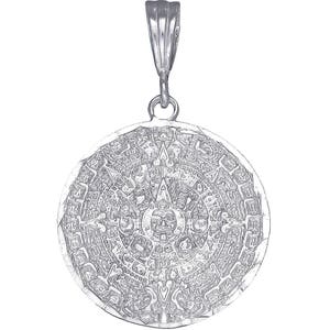 Sterling Silver Aztec Calendar Mayan Sun Charm Pendant Necklace 1.5 Inches 4 Grams with Diamond Cut Finish and 24 Inch Figaro Chain