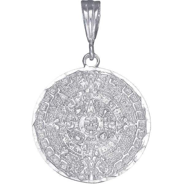 Sterling Silver Aztec Calendar Mayan Sun Charm Pendant Necklace 1.5 Inches 4 Grams with Diamond Cut Finish and 24 Inch Figaro Chain