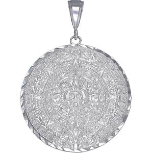 Sterling Silver Aztec Calendar Mayan Sun Charm Pendant Necklace 2.1 Inches 12 Grams with Diamond Cut Finish and 24 Inch Figaro Chain