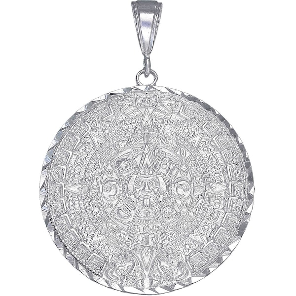 14k White Gold Aztec Mayan Calendar Pendant – 1.6 Inch Diameter, Intricate Sun God Design - View #8