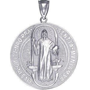 Large Sterling Silver Saint Benedict Medal Reversible Charm Pendant Necklace 2 Inches 12 Grams with High Polish Finish and 24 Inch Chain