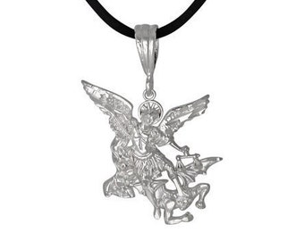 Sterling Silver Saint Michael Archangel Pendant – Diamond-Cut Edge With Cubic Zirconia, 1" X 0.8"