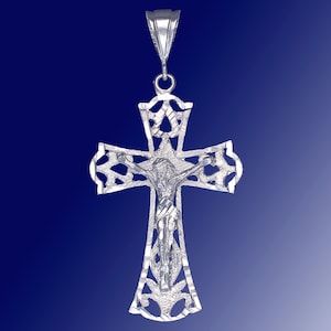 Large Sterling Silver Cross with Jesus Pendant Necklace with Diamond Cut Finish