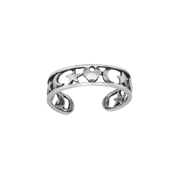 Sterling Silver .925 Star and Moon Toe Ring Adjustable SizeMade In USA