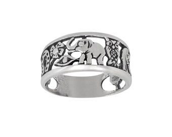 Sterling Silver .925 Lucky Elephant Owl Horseshoe Seven Eye Flowers Clover Lucky Charms Symbols Band Ring Sizes 4-10, Oxidized | Made in USA
