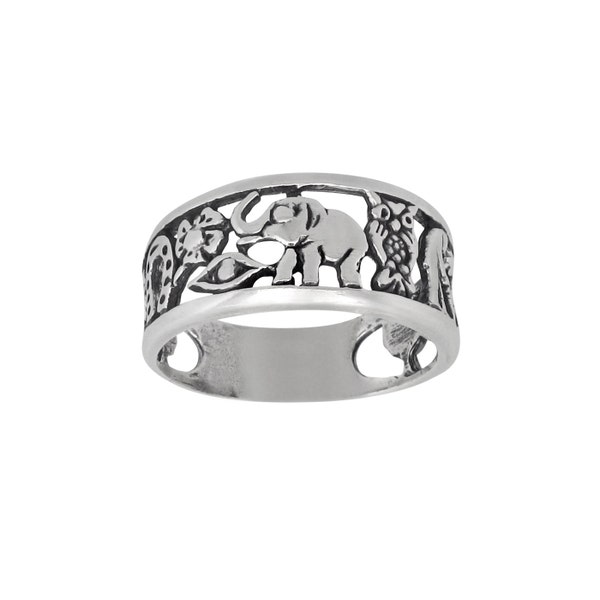 Sterling Silver .925 Lucky Elephant Owl Horseshoe Seven Eye Flowers Clover Lucky Charms Symbols Band Ring Sizes 4-10, Oxidized | Made in USA