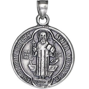 Sterling Silver Saint Benedict Medal Reversible Charm Pendant Necklace 1.1 Inches 3.5 Grams with Antique Oxidized Finish and Chain