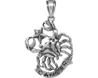 Sterling Silver Cancer Zodiac Sign Necklace Pendant Oxidized With Vintage Look Handmade Made In USA