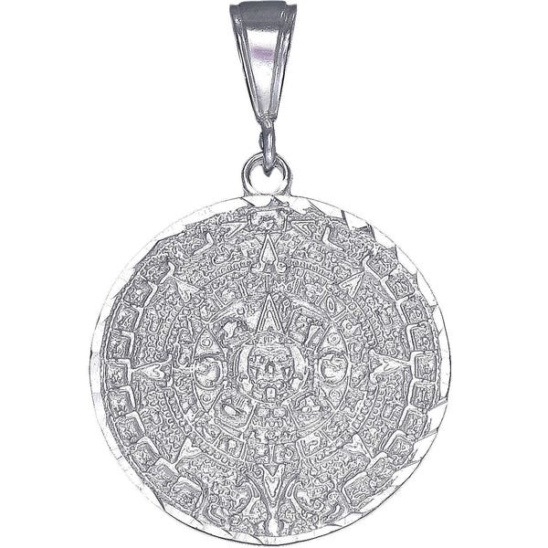 Sterling Silver Aztec Calendar Mayan Sun Charm Pendant Necklace 1.75 Inches 6.7 Grams with Diamond Cut and 24 Inch Figaro Chain