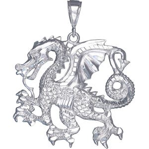 Large Sterling Silver Dragon Charm Pendant Necklace 2.3 Inches 11.7 Grams with Diamond Cut Finish and 24 Inch Figaro Chain