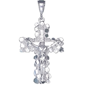 Sterling Silver Nugget Cross with Jesus Pendant Necklace 2.4 Inches 11 Grams with Diamond Cut Finish and 24 Inch Figaro Chain