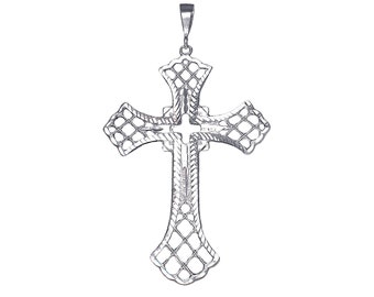 Enorme cruz de plata de ley pesada sin collar colgante de Jesús 5 pulgadas 30 gramos con acabado de corte de diamante y cadena de fígaro de 24 pulgadas