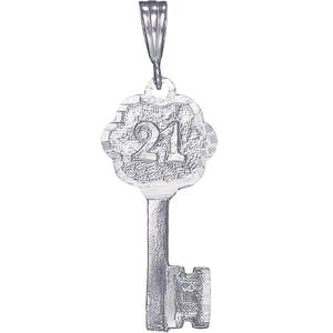 Sterling Silver 21st Key Charm Pendant Necklace 1.8 Inches 2.4 Grams with Diamond Cut Finish and 18 Inch Rolo Chain