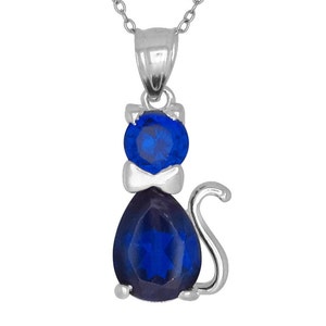 Sterling Silver .925 Cute Cat, Kitten with Birthstone September / Sapphire, Cubic Zirconia Stone. Charm Pendant Necklace | Made in USA