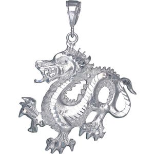 Sterling Silver Dragon Charm Pendant Necklace 2.4 Inches 10 Grams with Diamond Cut Finish and 24 Inch Figaro Chain