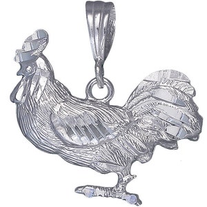Sterling Silver Rooster Charm Pendant Necklace 1.2 Inches 3 Grams with Diamond Cut Finish and 24 Inch Figaro Chain