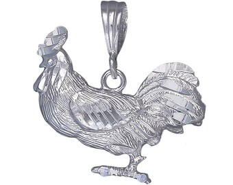 Sterling Silver Rooster Charm Pendant Necklace 1.2 Inches 3 Grams with Diamond Cut Finish and 24 Inch Figaro Chain