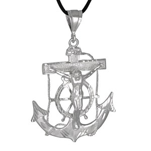 Sterling Silber 925-Kruzifix-Anker Kreuz Mariner (XL) Diamanten geschnitten Charmehalskette | Hergestellt In USA