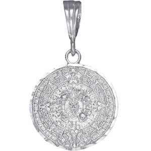 Sterling Silver Aztec Calendar Mayan Sun Charm Pendant Necklace 1.3 Inches 3 Grams with Diamond Cut Finish and 18 Inch Rolo Chain
