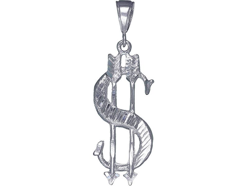 Sterling Silver Arrow and Dollar Sign Charm Pendant Necklace 2.2 Inches 3.7 Grams with Diamond Cut Finish and 24 Inch Figaro Chain