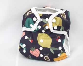 One Size Summer Fruits in Navy cloth diaper for prefolds or inserts, OS Diaper cover, AI2 Diaper,