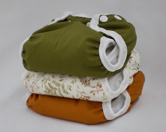 Set of 3 Boho Newborn Cloth Diapers with umbilical cord snaps, Fern and Leaf, Garden Fern and Gingerbread