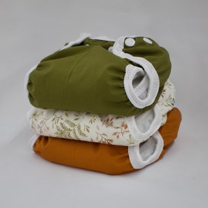 Set of 3 Boho Newborn Cloth Diapers with umbilical cord snaps, Fern and Leaf, Garden Fern and Gingerbread