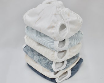 Set of 6 Neutral Newborn Cloth Diapers with umbilical cord snaps in Blues and Gray