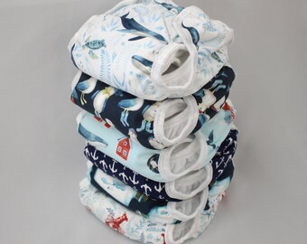 Set of 6 Deep Sea and Sailor Newborn Cloth Diapers with umbilical cord snaps