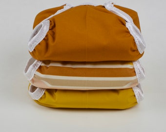 Set of 3 Boho Newborn Cloth Diapers with umbilical cord snaps, Boho Stripe, Honey and Gingerbread
