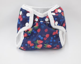 Mixed Fruit on Navy Newborn Cloth Diaper with umbilical cord snap