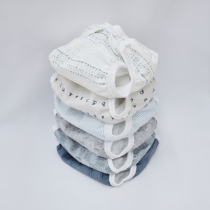 Set of 6 Cool Palette Newborn Cloth Diapers with umbilical cord snaps in Blues and Gray