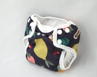 Mixed fruit on Navy- Newborn Cloth Diaper with umbilical cord snap