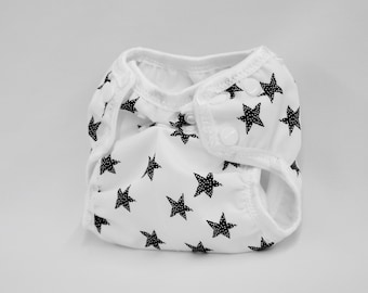 White/Black Star Newborn Cloth Diaper with umbilical cord snap
