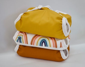 Set of 3 Boho Newborn Cloth Diapers with umbilical cord snaps, Sunset Rainbow, Honey and Gingerbread