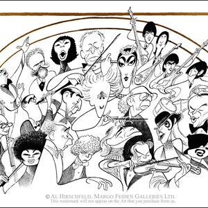 May include: A black and white ink illustration by Al Hirschfeld depicting a large orchestra of musicians playing various instruments including violins, a double bass, and drums. The artwork features expressive caricatured faces and figures.
