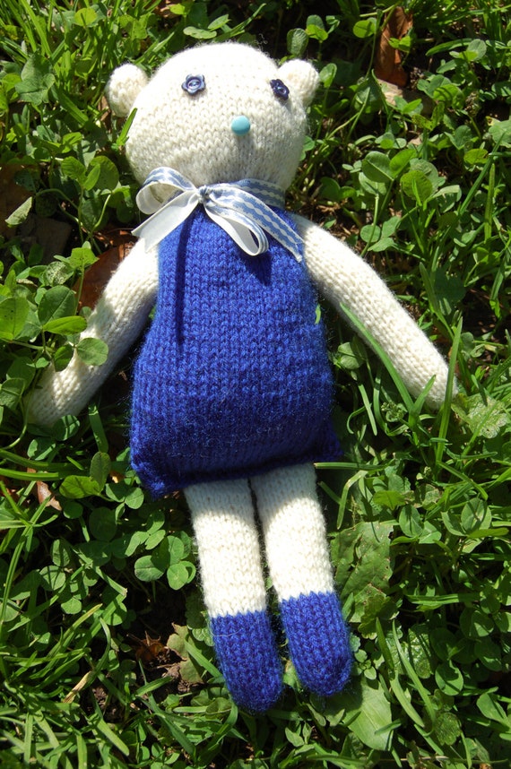 Items similar to Blue and White Hand-Knitted Teddy Bear; 12 in. / 30 cm on Etsy