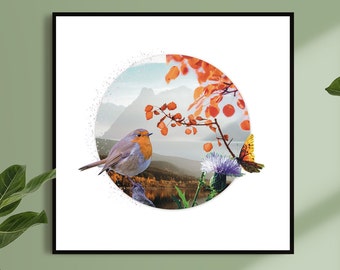 Autumn Robin Collage Art Print 4x4 / 8x8