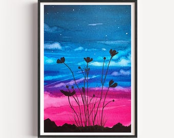 Poppy Field Pink Sunset, Watercolour Art Print A6/A5/A4