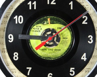 Plastic Ono Band "Give Peace A Chance" Record Wall Clock 45rpm Recycled Vinyl  One Of A Kind