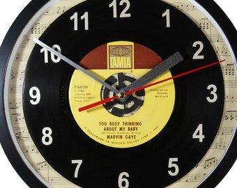 Marvin Gaye "Too Busy Thinking About My Baby" Record Clock 45rpm Recycled Vinyl Record Wall Clock One Of A Kind