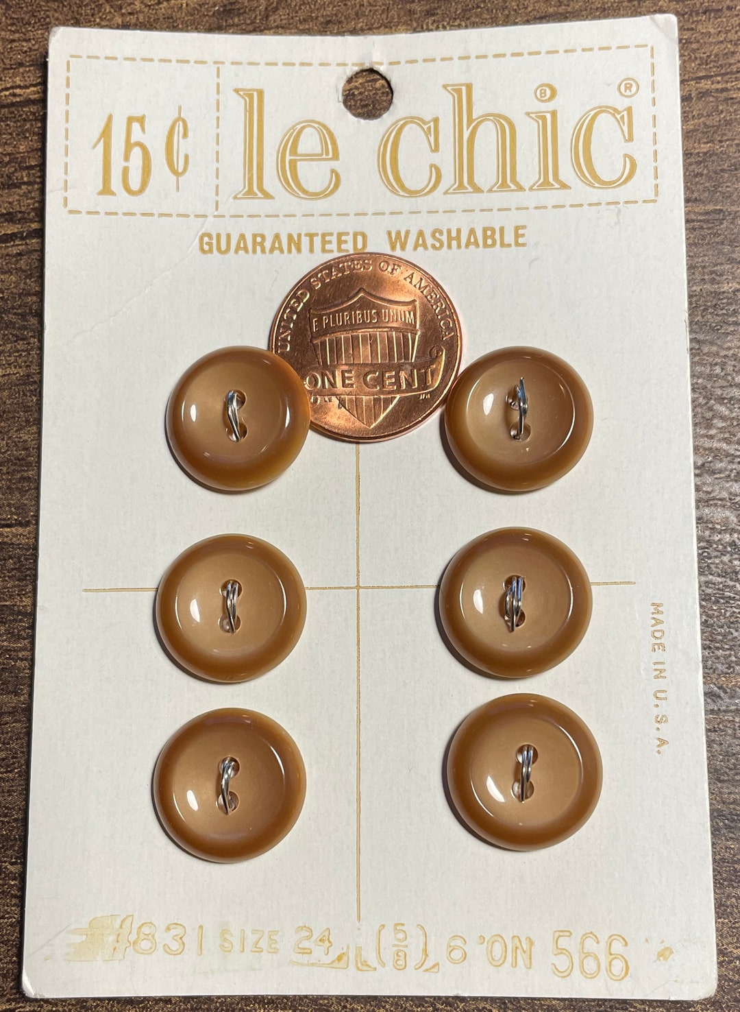 Set of 6 Vintage Le Chic Glossy Light Brown Plastic 2-hole